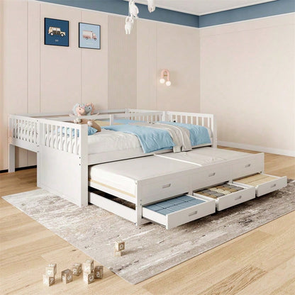 Etagenbett 90x200cm, Kinderbett, Hausbett für Mädchen und Jungen, Bettgestell aus Kiefernholz und MDF mit Leiter undausziehbarem Bett und 3 Schubladen , Ohne Matratze, Grau