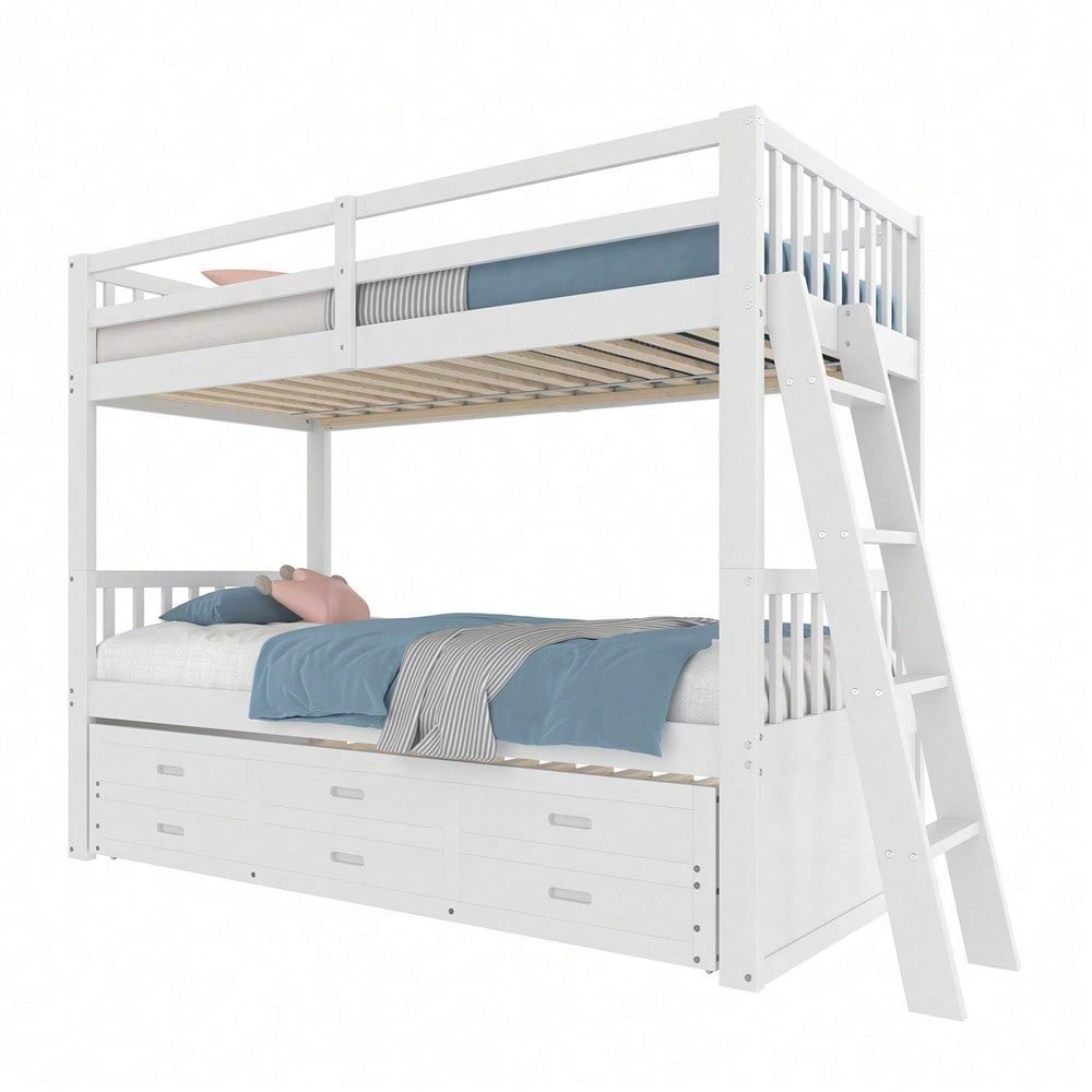 Etagenbett 90x200cm, Kinderbett, Hausbett für Mädchen und Jungen, Bettgestell aus Kiefernholz und MDF mit Leiter undausziehbarem Bett und 3 Schubladen , Ohne Matratze, Grau