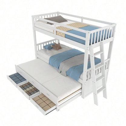 Etagenbett 90x200cm, Kinderbett, Hausbett für Mädchen und Jungen, Bettgestell aus Kiefernholz und MDF mit Leiter undausziehbarem Bett und 3 Schubladen , Ohne Matratze, Grau