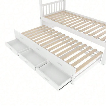 Etagenbett 90x200cm, Kinderbett, Hausbett für Mädchen und Jungen, Bettgestell aus Kiefernholz und MDF mit Leiter undausziehbarem Bett und 3 Schubladen , Ohne Matratze, Grau