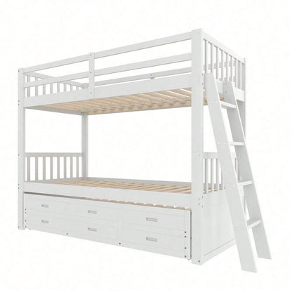 Etagenbett 90x200cm, Kinderbett, Hausbett für Mädchen und Jungen, Bettgestell aus Kiefernholz und MDF mit Leiter undausziehbarem Bett und 3 Schubladen , Ohne Matratze, Grau