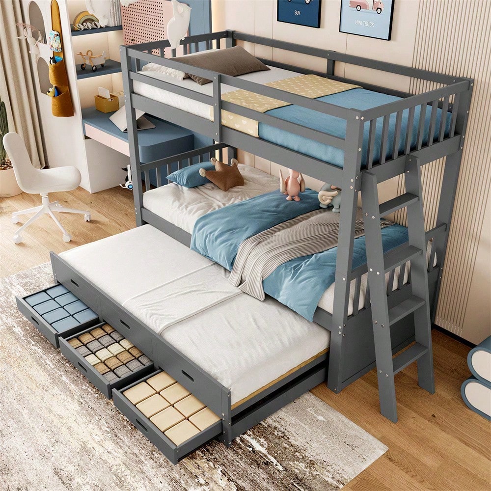 Etagenbett 90x200cm, Kinderbett, Hausbett für Mädchen und Jungen, Bettgestell aus Kiefernholz und MDF mit Leiter undausziehbarem Bett und 3 Schubladen , Ohne Matratze, Grau