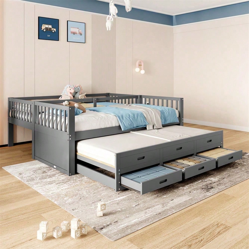 Etagenbett 90x200cm, Kinderbett, Hausbett für Mädchen und Jungen, Bettgestell aus Kiefernholz und MDF mit Leiter undausziehbarem Bett und 3 Schubladen , Ohne Matratze, Grau