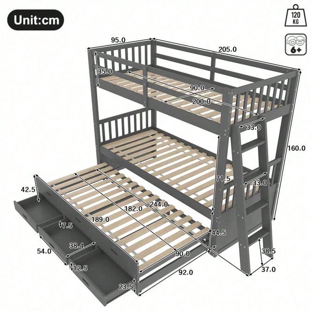 Etagenbett 90x200cm, Kinderbett, Hausbett für Mädchen und Jungen, Bettgestell aus Kiefernholz und MDF mit Leiter undausziehbarem Bett und 3 Schubladen , Ohne Matratze, Grau