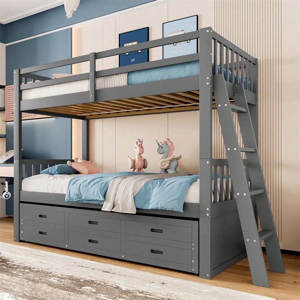 Etagenbett 90x200cm, Kinderbett, Hausbett für Mädchen und Jungen, Bettgestell aus Kiefernholz und MDF mit Leiter undausziehbarem Bett und 3 Schubladen , Ohne Matratze, Grau