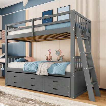 Etagenbett 90x200cm, Kinderbett, Hausbett für Mädchen und Jungen, Bettgestell aus Kiefernholz und MDF mit Leiter undausziehbarem Bett und 3 Schubladen , Ohne Matratze, Grau