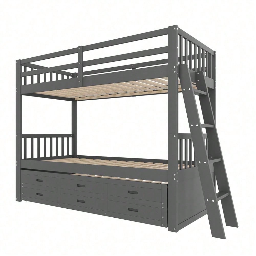 Etagenbett 90x200cm, Kinderbett, Hausbett für Mädchen und Jungen, Bettgestell aus Kiefernholz und MDF mit Leiter undausziehbarem Bett und 3 Schubladen , Ohne Matratze, Grau