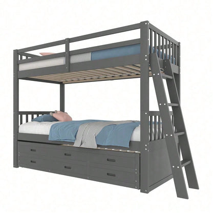 Etagenbett 90x200cm, Kinderbett, Hausbett für Mädchen und Jungen, Bettgestell aus Kiefernholz und MDF mit Leiter undausziehbarem Bett und 3 Schubladen , Ohne Matratze, Grau