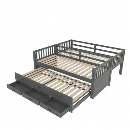 Etagenbett 90x200cm, Kinderbett, Hausbett für Mädchen und Jungen, Bettgestell aus Kiefernholz und MDF mit Leiter undausziehbarem Bett und 3 Schubladen , Ohne Matratze, Grau
