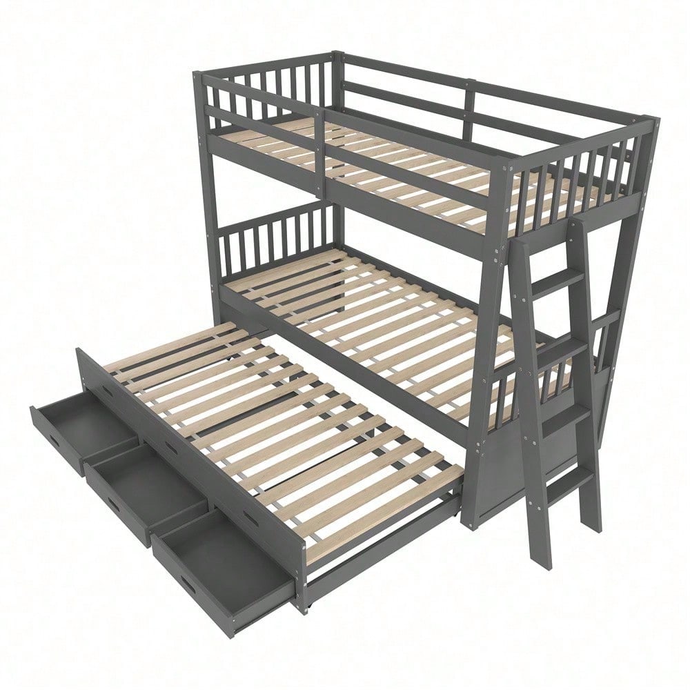 Etagenbett 90x200cm, Kinderbett, Hausbett für Mädchen und Jungen, Bettgestell aus Kiefernholz und MDF mit Leiter undausziehbarem Bett und 3 Schubladen , Ohne Matratze, Grau