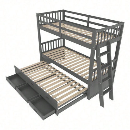 Etagenbett 90x200cm, Kinderbett, Hausbett für Mädchen und Jungen, Bettgestell aus Kiefernholz und MDF mit Leiter undausziehbarem Bett und 3 Schubladen , Ohne Matratze, Grau