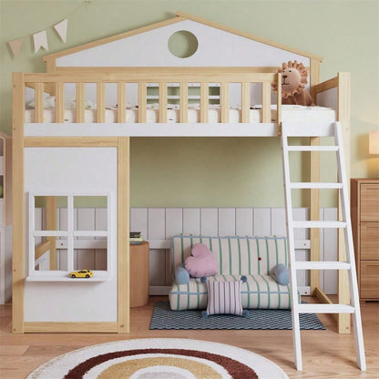 [N622D161516W] Etagenbett, Hausbett, mit Treppe, mit Fallschutz und Gitter, Kinderbett mit Dach und Fenster, Frei gestaltetes Unterbett, Rahmen aus Kiefer, Kiefer+MDF, Weiß+Natur, 90x200cm