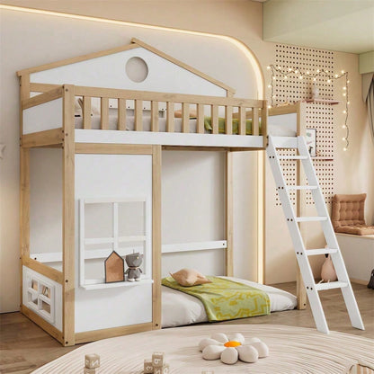 [N622D161516W] Etagenbett, Hausbett, mit Treppe, mit Fallschutz und Gitter, Kinderbett mit Dach und Fenster, Frei gestaltetes Unterbett, Rahmen aus Kiefer, Kiefer+MDF, Weiß+Natur, 90x200cm