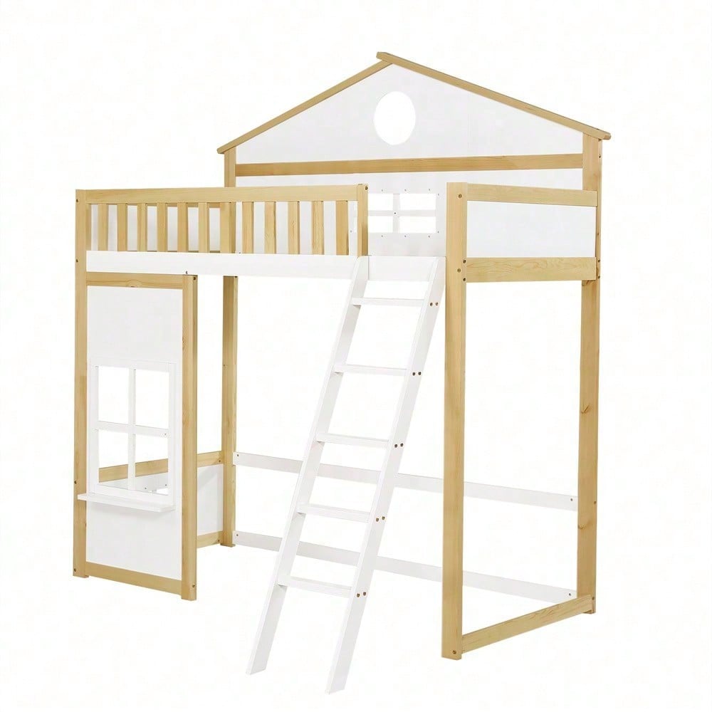 [N622D161516W] Etagenbett, Hausbett, mit Treppe, mit Fallschutz und Gitter, Kinderbett mit Dach und Fenster, Frei gestaltetes Unterbett, Rahmen aus Kiefer, Kiefer+MDF, Weiß+Natur, 90x200cm