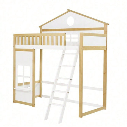 [N622D161516W] Etagenbett, Hausbett, mit Treppe, mit Fallschutz und Gitter, Kinderbett mit Dach und Fenster, Frei gestaltetes Unterbett, Rahmen aus Kiefer, Kiefer+MDF, Weiß+Natur, 90x200cm