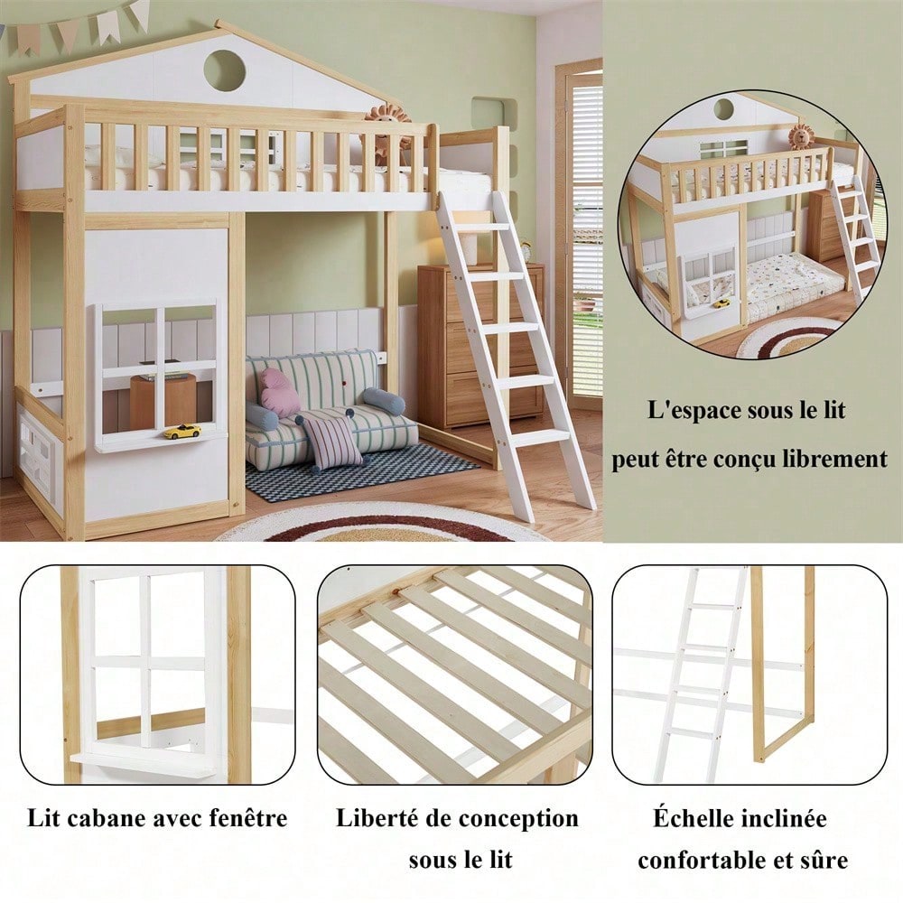 [N622D161516W] Etagenbett, Hausbett, mit Treppe, mit Fallschutz und Gitter, Kinderbett mit Dach und Fenster, Frei gestaltetes Unterbett, Rahmen aus Kiefer, Kiefer+MDF, Weiß+Natur, 90x200cm