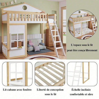 [N622D161516W] Etagenbett, Hausbett, mit Treppe, mit Fallschutz und Gitter, Kinderbett mit Dach und Fenster, Frei gestaltetes Unterbett, Rahmen aus Kiefer, Kiefer+MDF, Weiß+Natur, 90x200cm