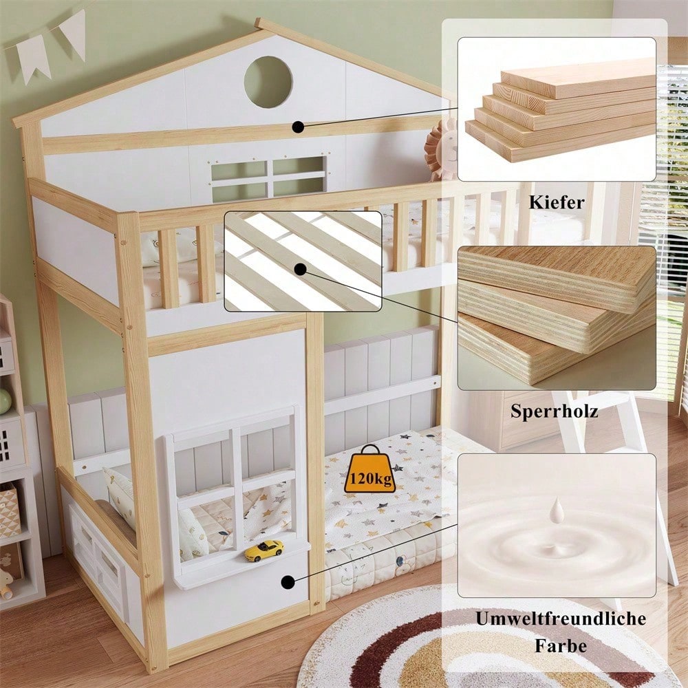 [N622D161516W] Etagenbett, Hausbett, mit Treppe, mit Fallschutz und Gitter, Kinderbett mit Dach und Fenster, Frei gestaltetes Unterbett, Rahmen aus Kiefer, Kiefer+MDF, Weiß+Natur, 90x200cm