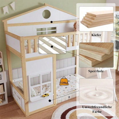 [N622D161516W] Etagenbett, Hausbett, mit Treppe, mit Fallschutz und Gitter, Kinderbett mit Dach und Fenster, Frei gestaltetes Unterbett, Rahmen aus Kiefer, Kiefer+MDF, Weiß+Natur, 90x200cm