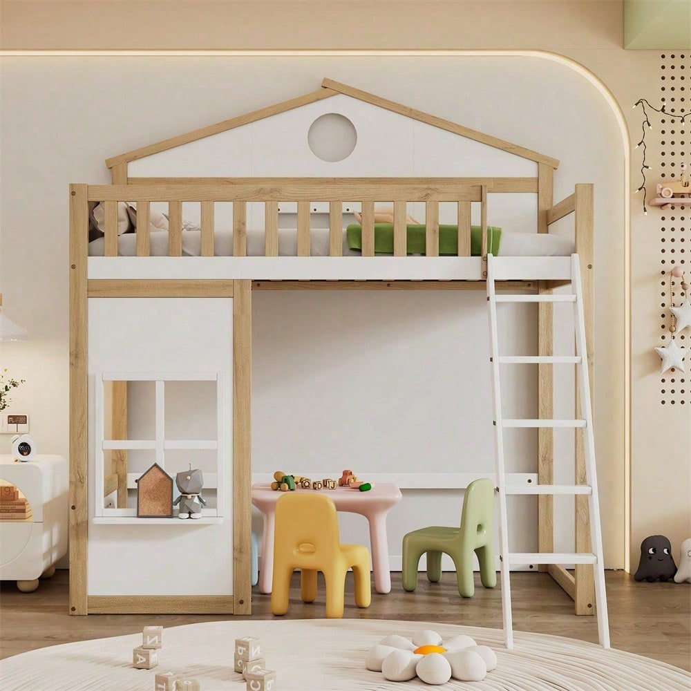 [N622D161516W] Etagenbett, Hausbett, mit Treppe, mit Fallschutz und Gitter, Kinderbett mit Dach und Fenster, Frei gestaltetes Unterbett, Rahmen aus Kiefer, Kiefer+MDF, Weiß+Natur, 90x200cm