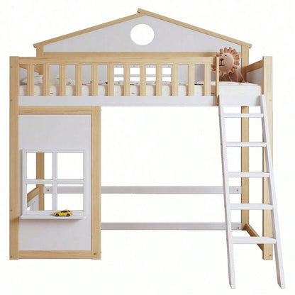 [N622D161516W] Etagenbett, Hausbett, mit Treppe, mit Fallschutz und Gitter, Kinderbett mit Dach und Fenster, Frei gestaltetes Unterbett, Rahmen aus Kiefer, Kiefer+MDF, Weiß+Natur, 90x200cm