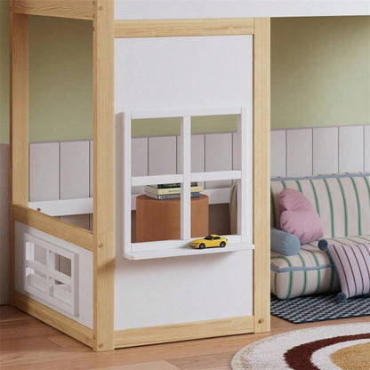 [N622D161516W] Etagenbett, Hausbett, mit Treppe, mit Fallschutz und Gitter, Kinderbett mit Dach und Fenster, Frei gestaltetes Unterbett, Rahmen aus Kiefer, Kiefer+MDF, Weiß+Natur, 90x200cm