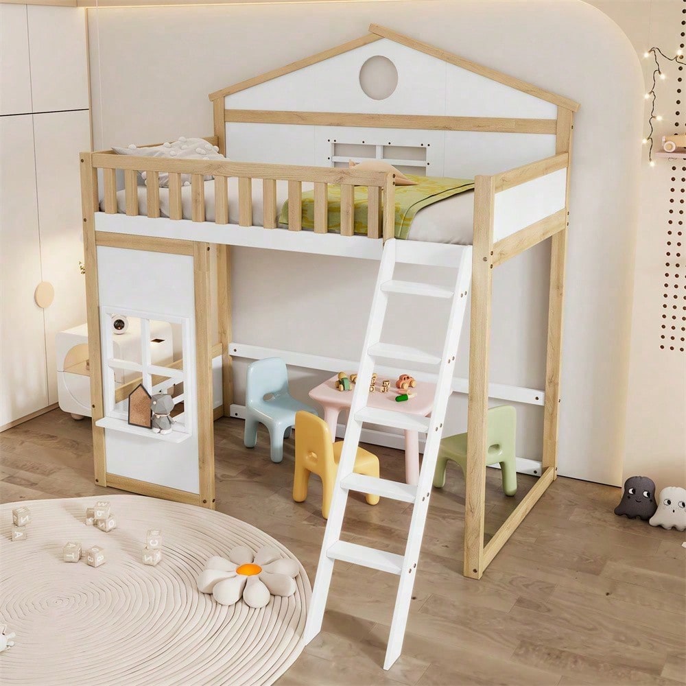 [N622D161516W] Etagenbett, Hausbett, mit Treppe, mit Fallschutz und Gitter, Kinderbett mit Dach und Fenster, Frei gestaltetes Unterbett, Rahmen aus Kiefer, Kiefer+MDF, Weiß+Natur, 90x200cm