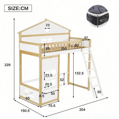 [N622D161516W] Etagenbett, Hausbett, mit Treppe, mit Fallschutz und Gitter, Kinderbett mit Dach und Fenster, Frei gestaltetes Unterbett, Rahmen aus Kiefer, Kiefer+MDF, Weiß+Natur, 90x200cm