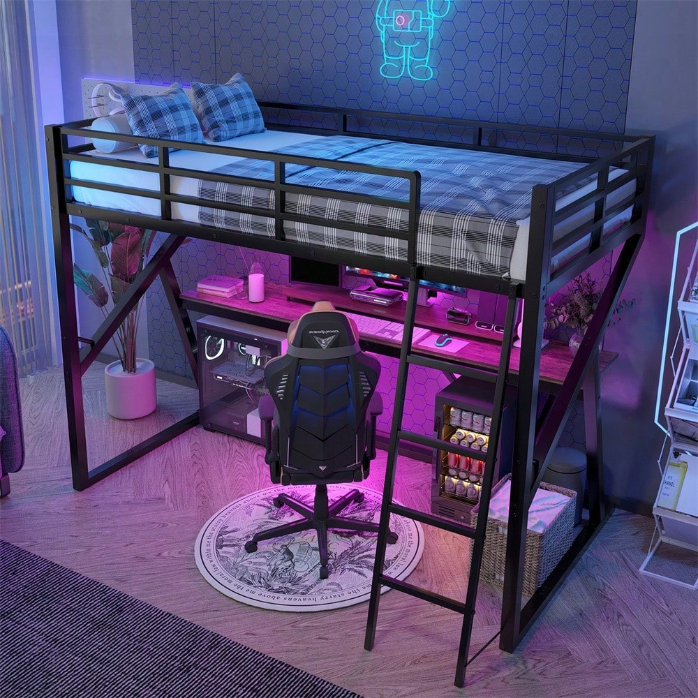 Hochbett, 90 x 200cm, Eisenrahmen, LED-Leiste, Geländer, Treppe, Schreibtisch, ohne Matratze, schwarz