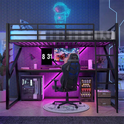 Hochbett, 90 x 200cm, Eisenrahmen, LED-Leiste, Geländer, Treppe, Schreibtisch, ohne Matratze, schwarz
