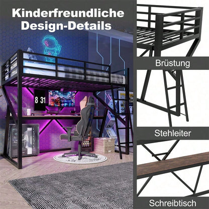 Hochbett, 90 x 200cm, Eisenrahmen, LED-Leiste, Geländer, Treppe, Schreibtisch, ohne Matratze, schwarz