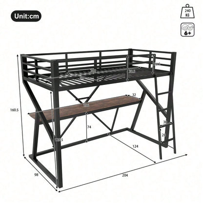 Hochbett, 90 x 200cm, Eisenrahmen, LED-Leiste, Geländer, Treppe, Schreibtisch, ohne Matratze, schwarz