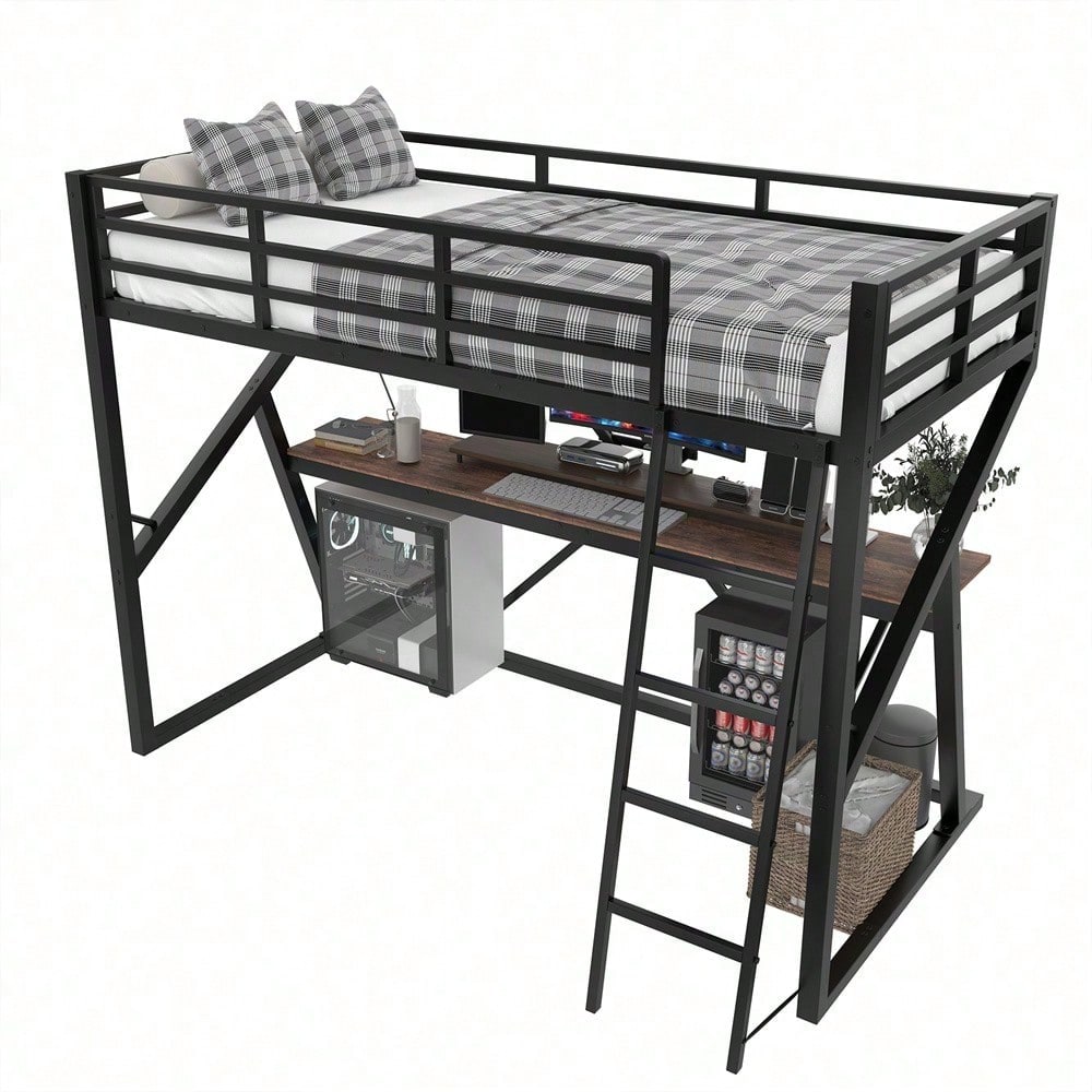 Hochbett, 90 x 200cm, Eisenrahmen, LED-Leiste, Geländer, Treppe, Schreibtisch, ohne Matratze, schwarz