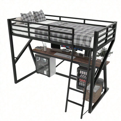 Hochbett, 90 x 200cm, Eisenrahmen, LED-Leiste, Geländer, Treppe, Schreibtisch, ohne Matratze, schwarz