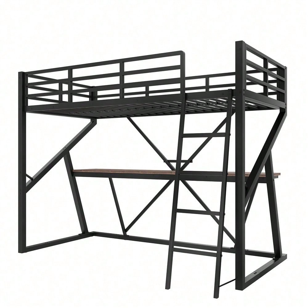 Hochbett, 90 x 200cm, Eisenrahmen, LED-Leiste, Geländer, Treppe, Schreibtisch, ohne Matratze, schwarz