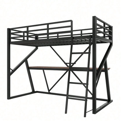 Hochbett, 90 x 200cm, Eisenrahmen, LED-Leiste, Geländer, Treppe, Schreibtisch, ohne Matratze, schwarz