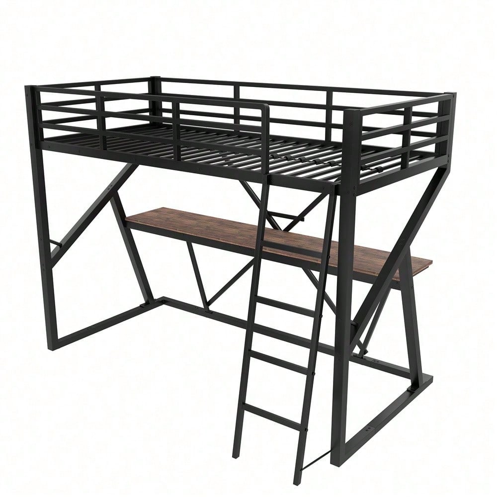 Hochbett, 90 x 200cm, Eisenrahmen, LED-Leiste, Geländer, Treppe, Schreibtisch, ohne Matratze, schwarz