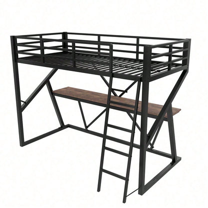Hochbett, 90 x 200cm, Eisenrahmen, LED-Leiste, Geländer, Treppe, Schreibtisch, ohne Matratze, schwarz