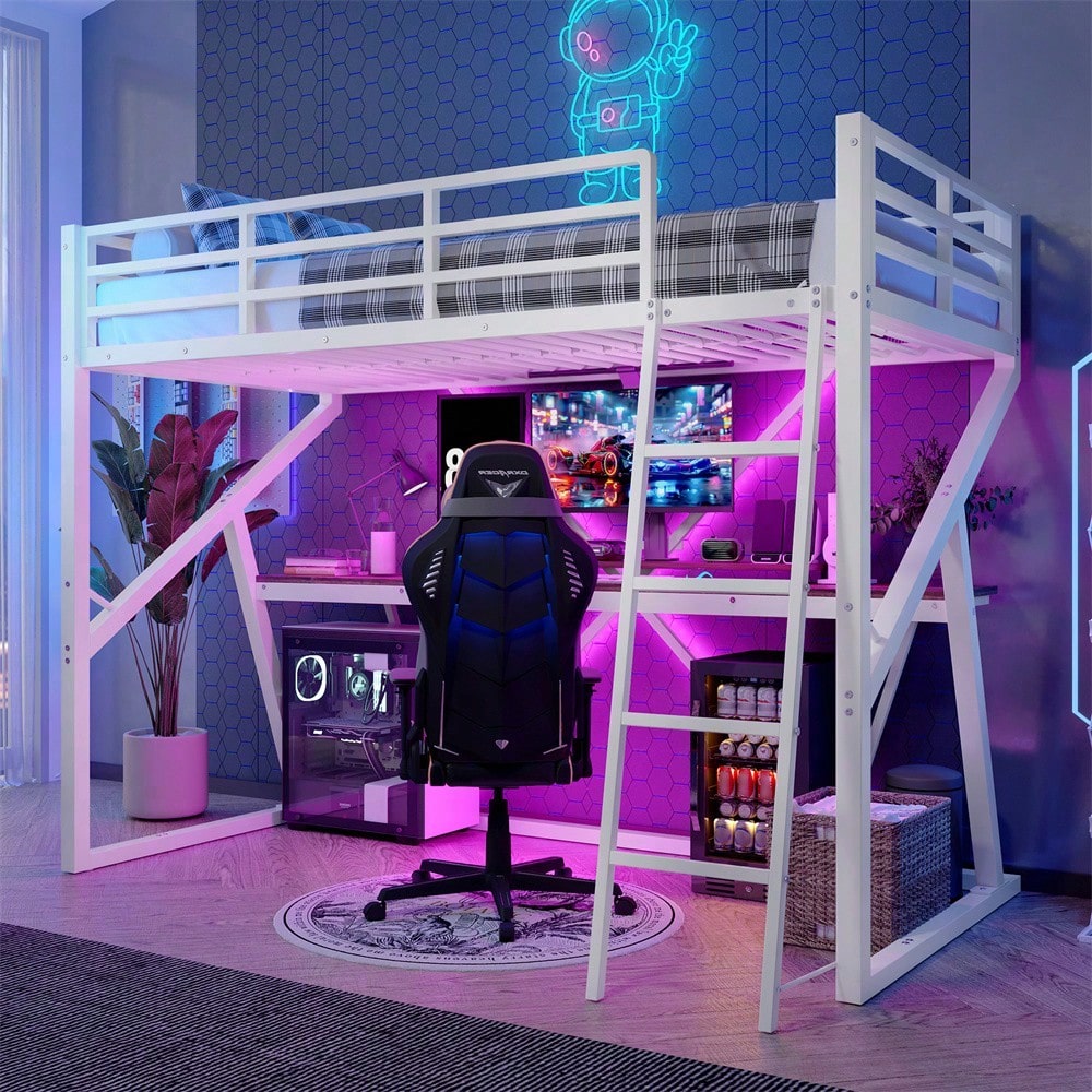 Hochbett, 90 x 200cm, Eisenrahmen, LED-Leiste, Geländer, Treppe, Schreibtisch, ohne Matratze, schwarz
