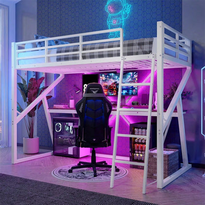 Hochbett, 90 x 200cm, Eisenrahmen, LED-Leiste, Geländer, Treppe, Schreibtisch, ohne Matratze, schwarz