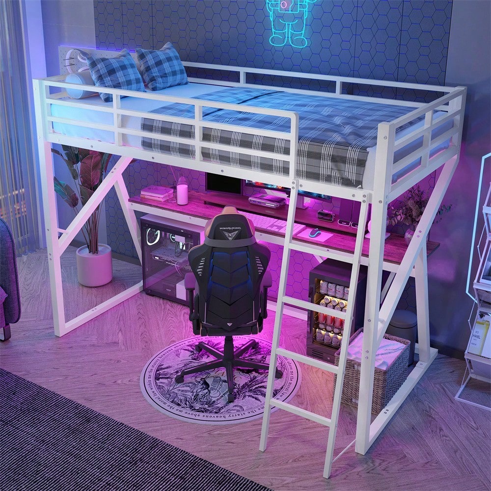 Hochbett, 90 x 200cm, Eisenrahmen, LED-Leiste, Geländer, Treppe, Schreibtisch, ohne Matratze, schwarz