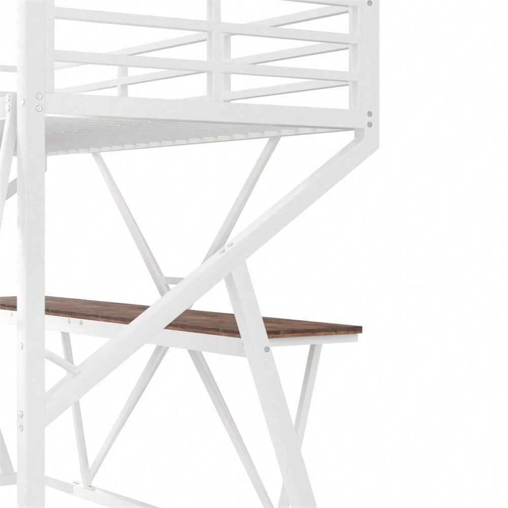 Hochbett, 90 x 200cm, Eisenrahmen, LED-Leiste, Geländer, Treppe, Schreibtisch, ohne Matratze, schwarz