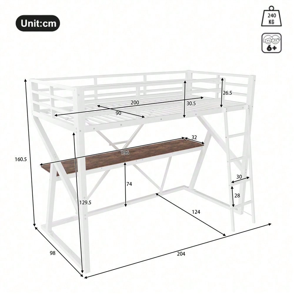 Hochbett, 90 x 200cm, Eisenrahmen, LED-Leiste, Geländer, Treppe, Schreibtisch, ohne Matratze, schwarz