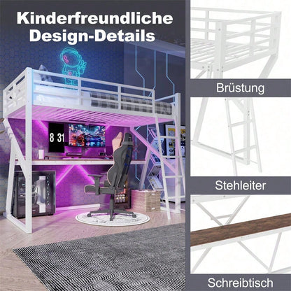 Hochbett, 90 x 200cm, Eisenrahmen, LED-Leiste, Geländer, Treppe, Schreibtisch, ohne Matratze, schwarz