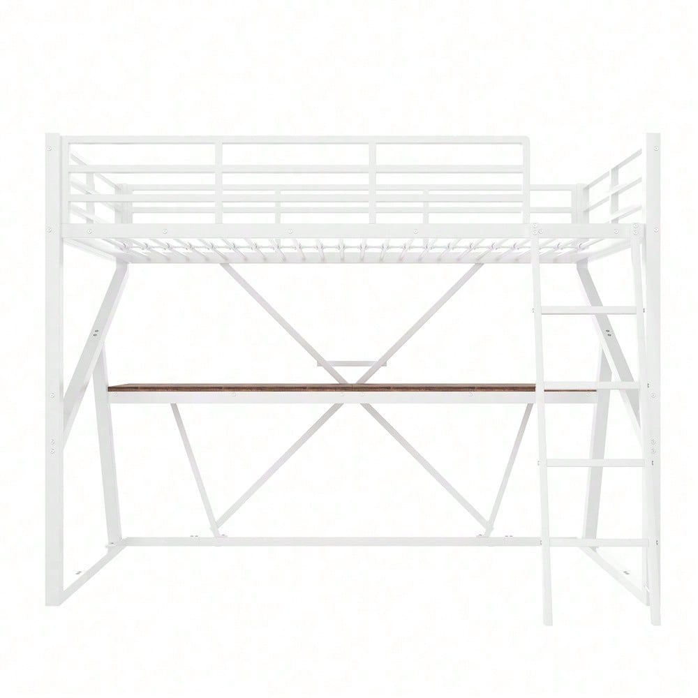 Hochbett, 90 x 200cm, Eisenrahmen, LED-Leiste, Geländer, Treppe, Schreibtisch, ohne Matratze, schwarz