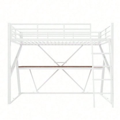 Hochbett, 90 x 200cm, Eisenrahmen, LED-Leiste, Geländer, Treppe, Schreibtisch, ohne Matratze, schwarz