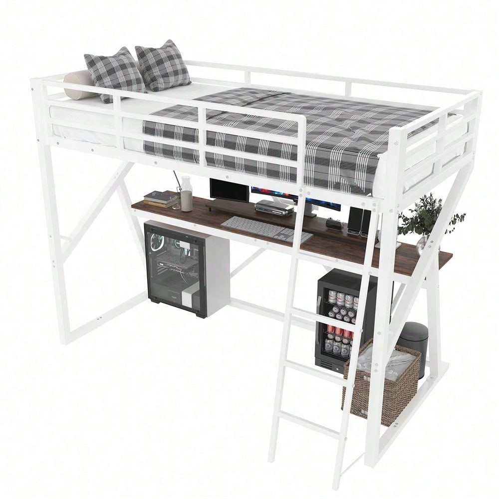 Hochbett, 90 x 200cm, Eisenrahmen, LED-Leiste, Geländer, Treppe, Schreibtisch, ohne Matratze, schwarz