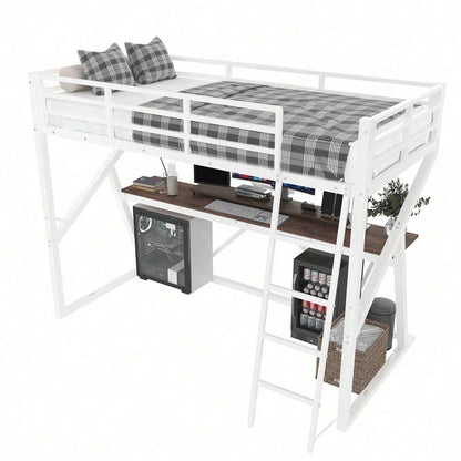 Hochbett, 90 x 200cm, Eisenrahmen, LED-Leiste, Geländer, Treppe, Schreibtisch, ohne Matratze, schwarz