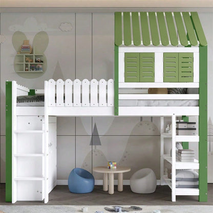 Hochbett, Kinderbett mit Fallschutzgitter, Mit Dach und Fenster , Reichlich Stauraum mit Kleiderschrank, Dreischichtiges offenes Lagerregal, Dreistufige Leiter, Kiefer+MDF+Sperrholz, Weiß+Grün, 90x200