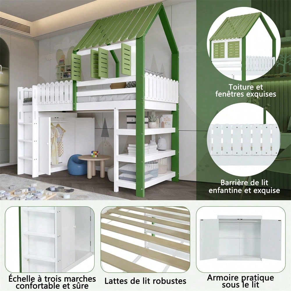 Hochbett, Kinderbett mit Fallschutzgitter, Mit Dach und Fenster , Reichlich Stauraum mit Kleiderschrank, Dreischichtiges offenes Lagerregal, Dreistufige Leiter, Kiefer+MDF+Sperrholz, Weiß+Grün, 90x200
